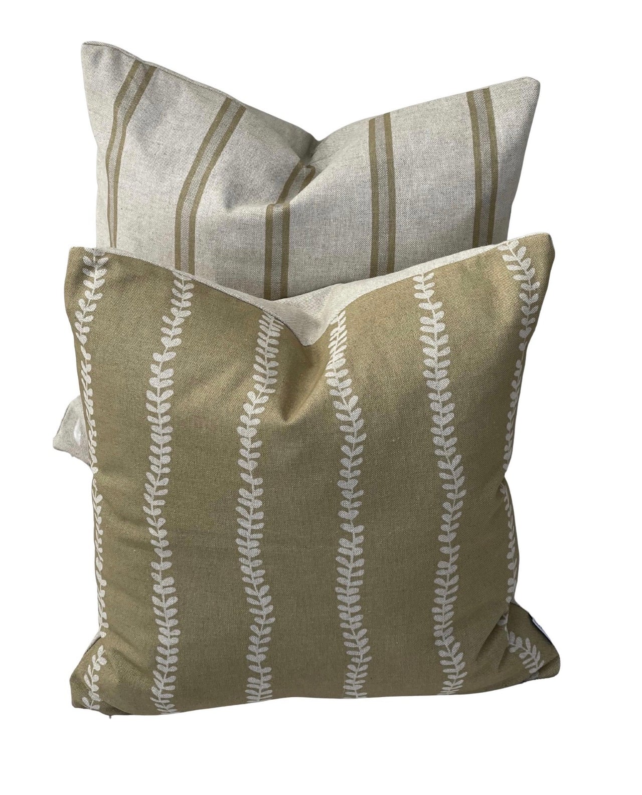 Soft gold cushion cover with vertical cream leaf stripes on a textured linen-look background
