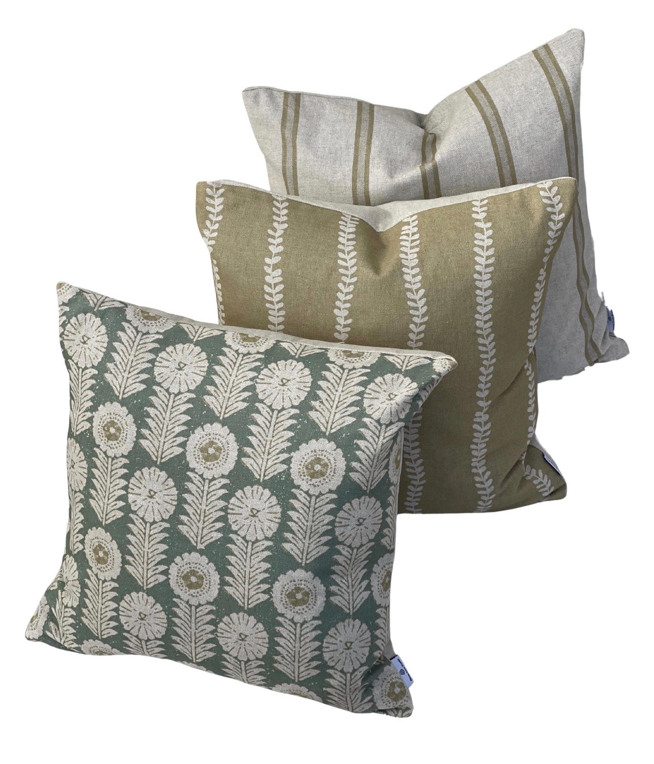 Soft gold stripe cushion cover coordinated with Apple Green Scandinavian floral and natural ticking stripe cushions