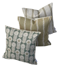 Thumbnail for Soft gold stripe cushion cover coordinated with Apple Green Scandinavian floral and natural ticking stripe cushions