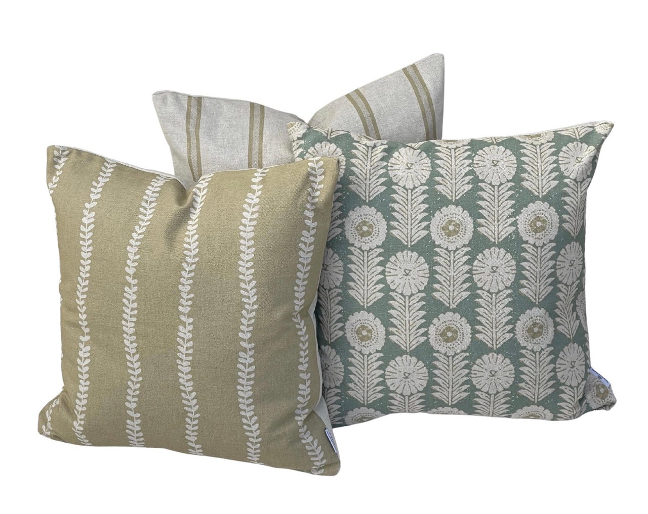 Soft gold stripe cushion cover coordinated with Apple Green Scandinavian floral and natural ticking stripe cushions