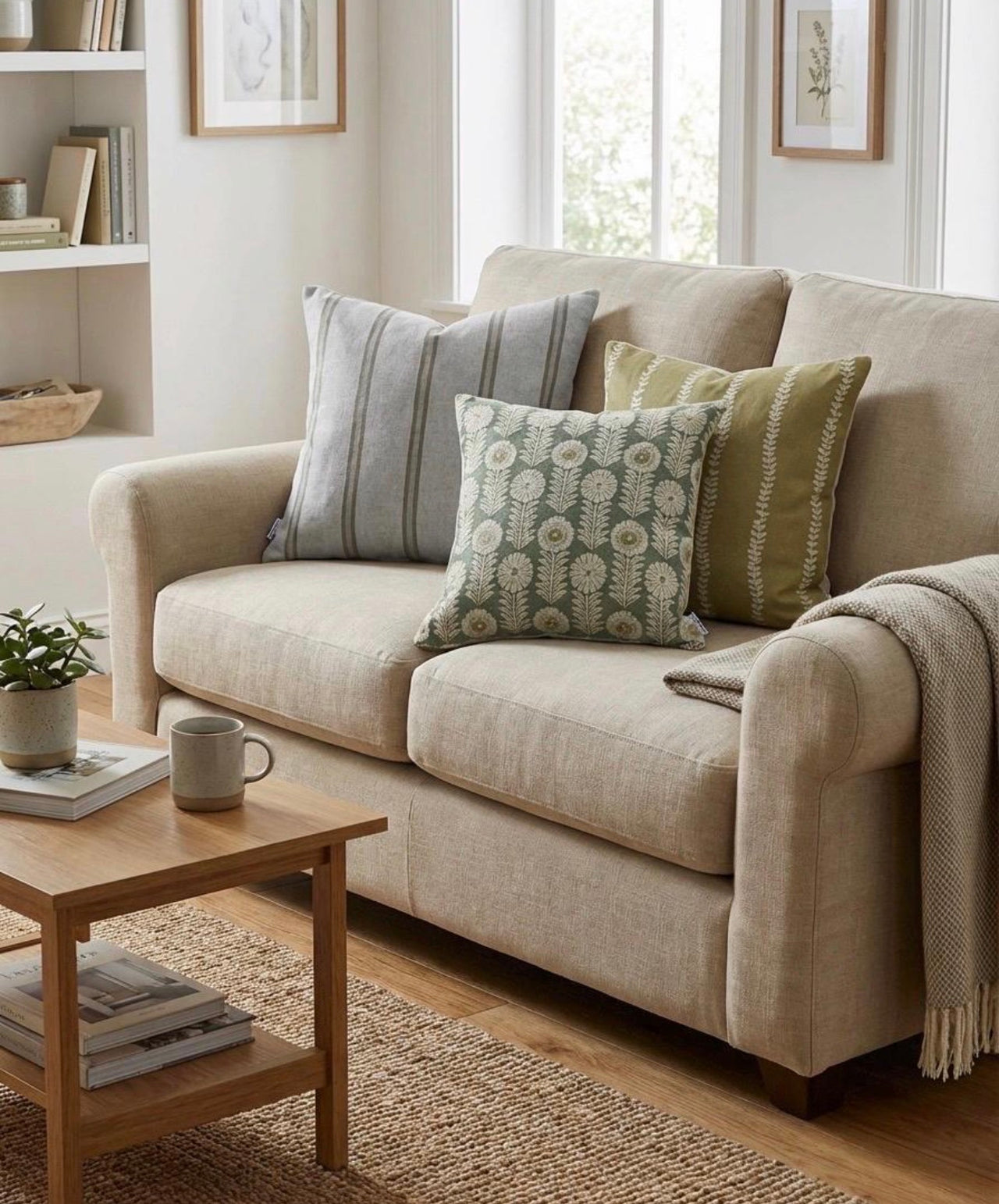 Soft gold leaf stripe cushion cover styled on a neutral sofa with green floral and ticking stripe cushions