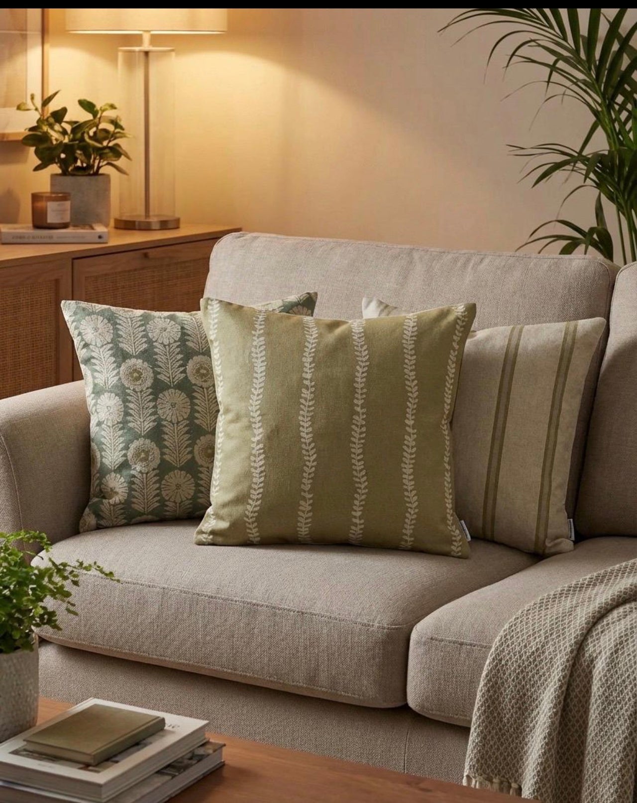 Soft gold leaf stripe cushion cover styled on a neutral sofa with green floral and ticking stripe cushions