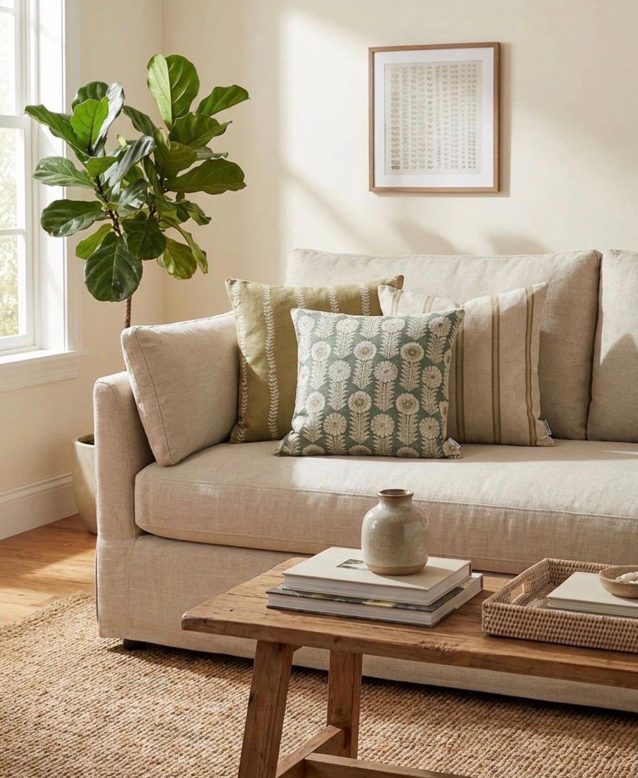 Soft gold stripe cushion cover styled with Apple Green floral and ticking stripe cushions in a neutral living room