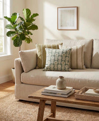 Thumbnail for Soft gold stripe cushion cover styled with Apple Green floral and ticking stripe cushions in a neutral living room