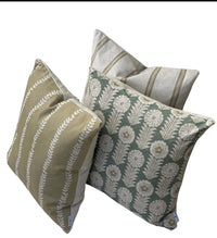 Thumbnail for Soft gold stripe cushion cover styled with Apple Green floral and ticking stripe cushions in a neutral living room