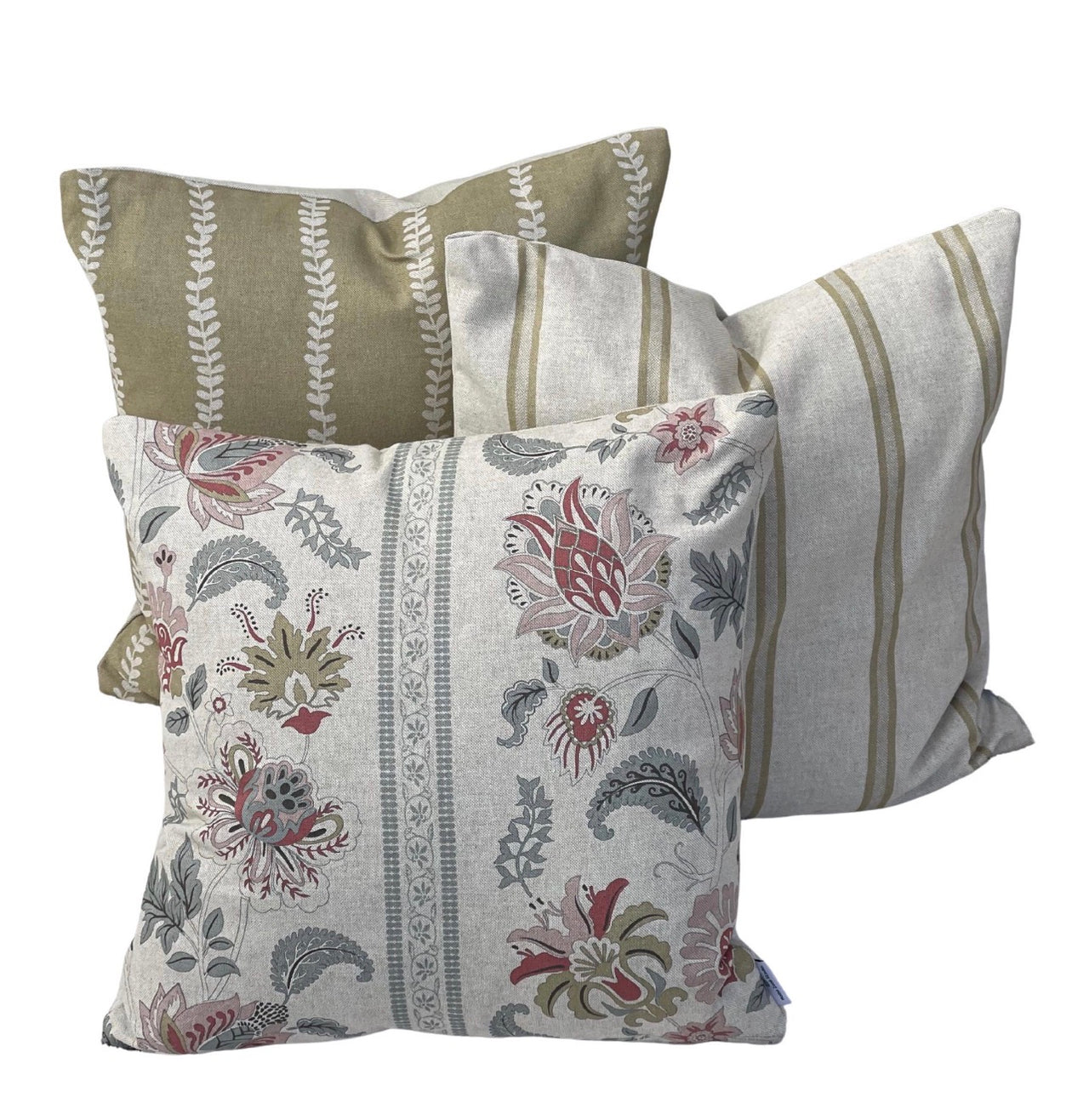 Soft gold leaf stripe cushion displayed with natural ticking stripe and Jacobean floral cushion covers