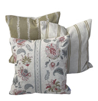 Thumbnail for Soft gold leaf stripe cushion displayed with natural ticking stripe and Jacobean floral cushion covers