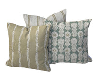 Thumbnail for Soft gold botanical stripe cushion styled with Jacobean floral and neutral ticking stripe cushion covers