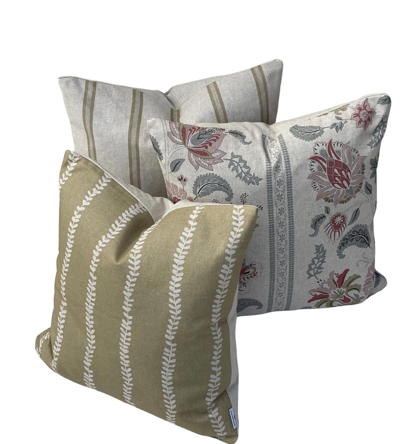 Soft gold botanical stripe cushion styled with Jacobean floral and neutral ticking stripe cushion covers