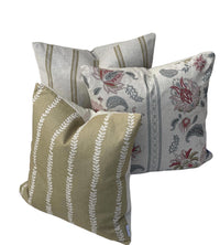 Thumbnail for Soft gold botanical stripe cushion styled with Jacobean floral and neutral ticking stripe cushion covers