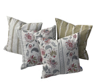 Thumbnail for Soft gold leaf stripe cushion displayed with natural ticking stripe and Jacobean floral cushion covers