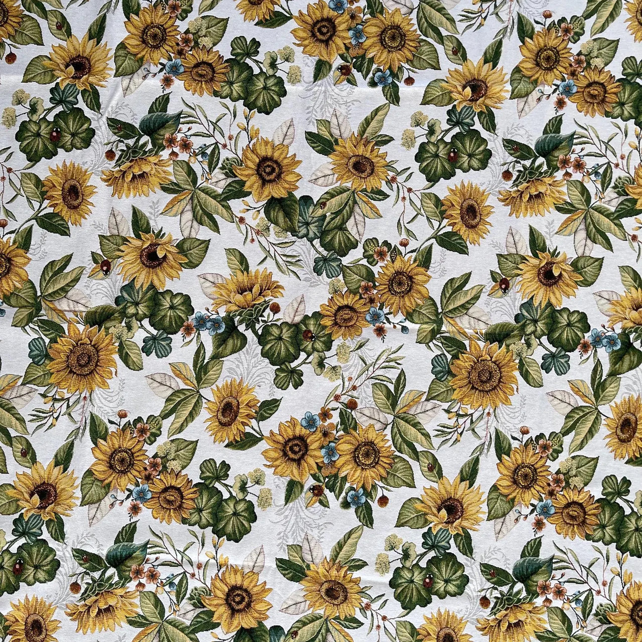 High-quality woven tapestry fabric with sunflower and foliage print
