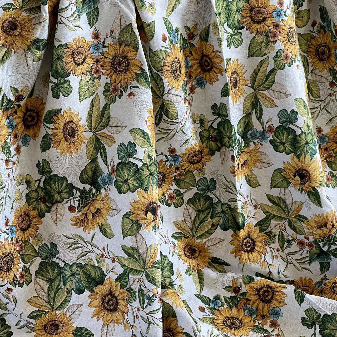 Elegant floral tapestry fabric with yellow sunflowers and greenery