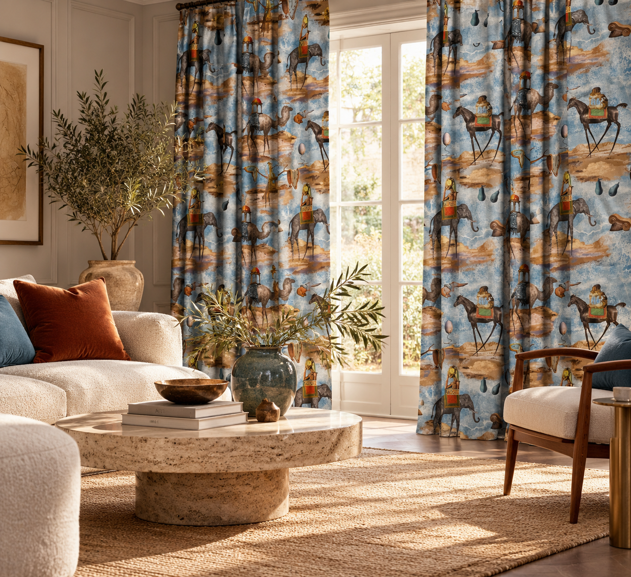 Stylish neutral living room with floor-length blue surrealist animal print curtains, featuring elephants, camels and horses with elegant contemporary furniture.