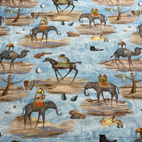 Thumbnail for Stylish neutral living room with floor-length blue surrealist animal print curtains, featuring elephants, camels and horses with elegant contemporary furniture.