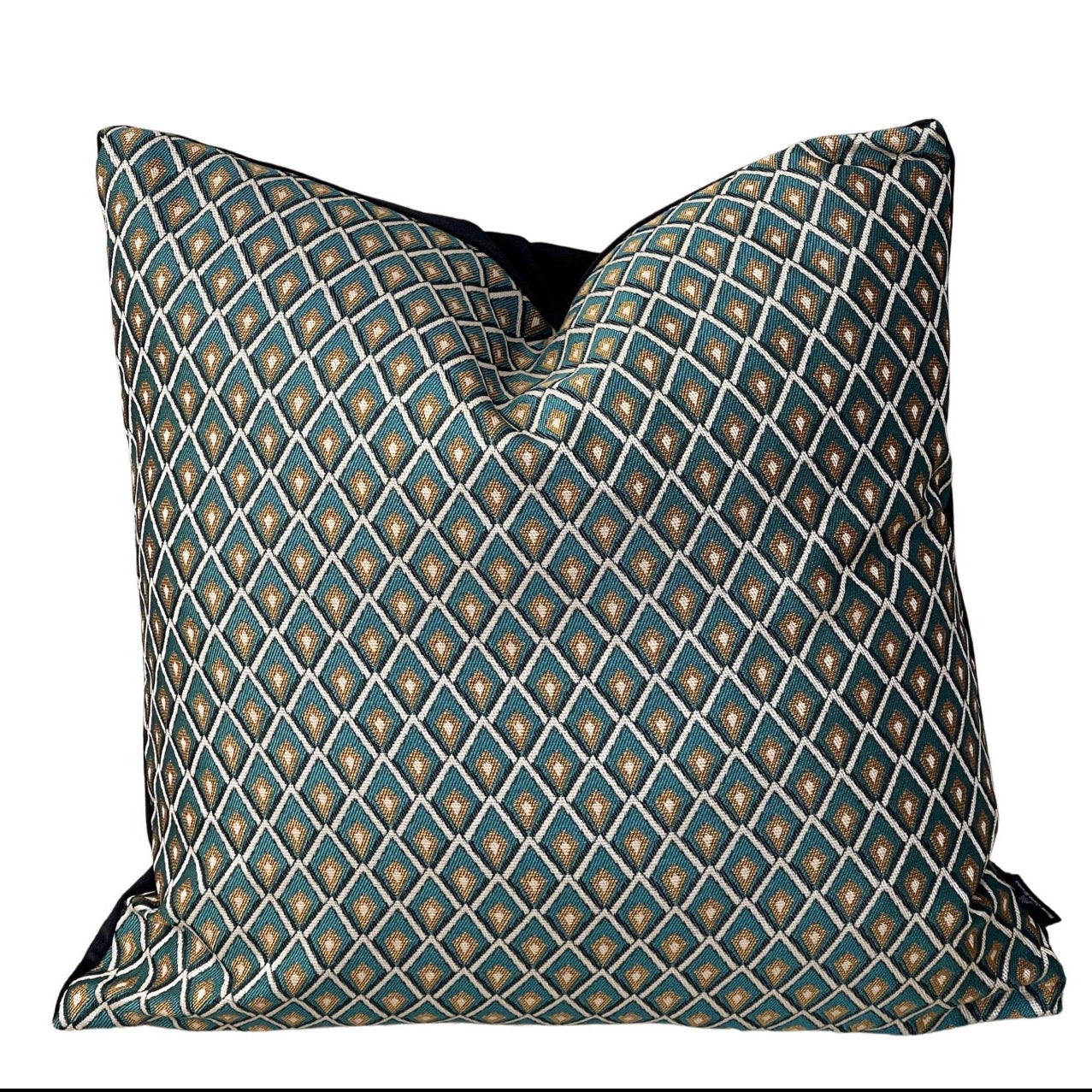 Teal blue and gold geometric lattice cushion cover with black velvet piping