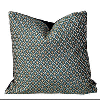 Thumbnail for Teal blue and gold geometric lattice cushion cover with black velvet piping