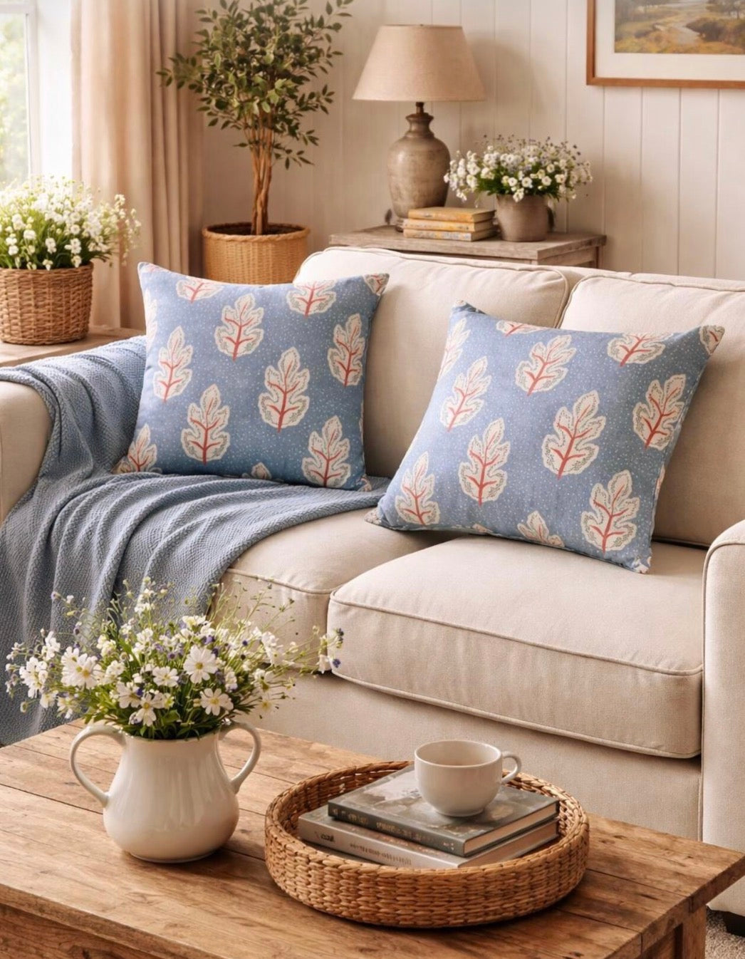 Teal botanical cushion cover styled on a sofa