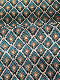 Thumbnail for Classic woven lattice design fabric in teal blue and warm gold tones