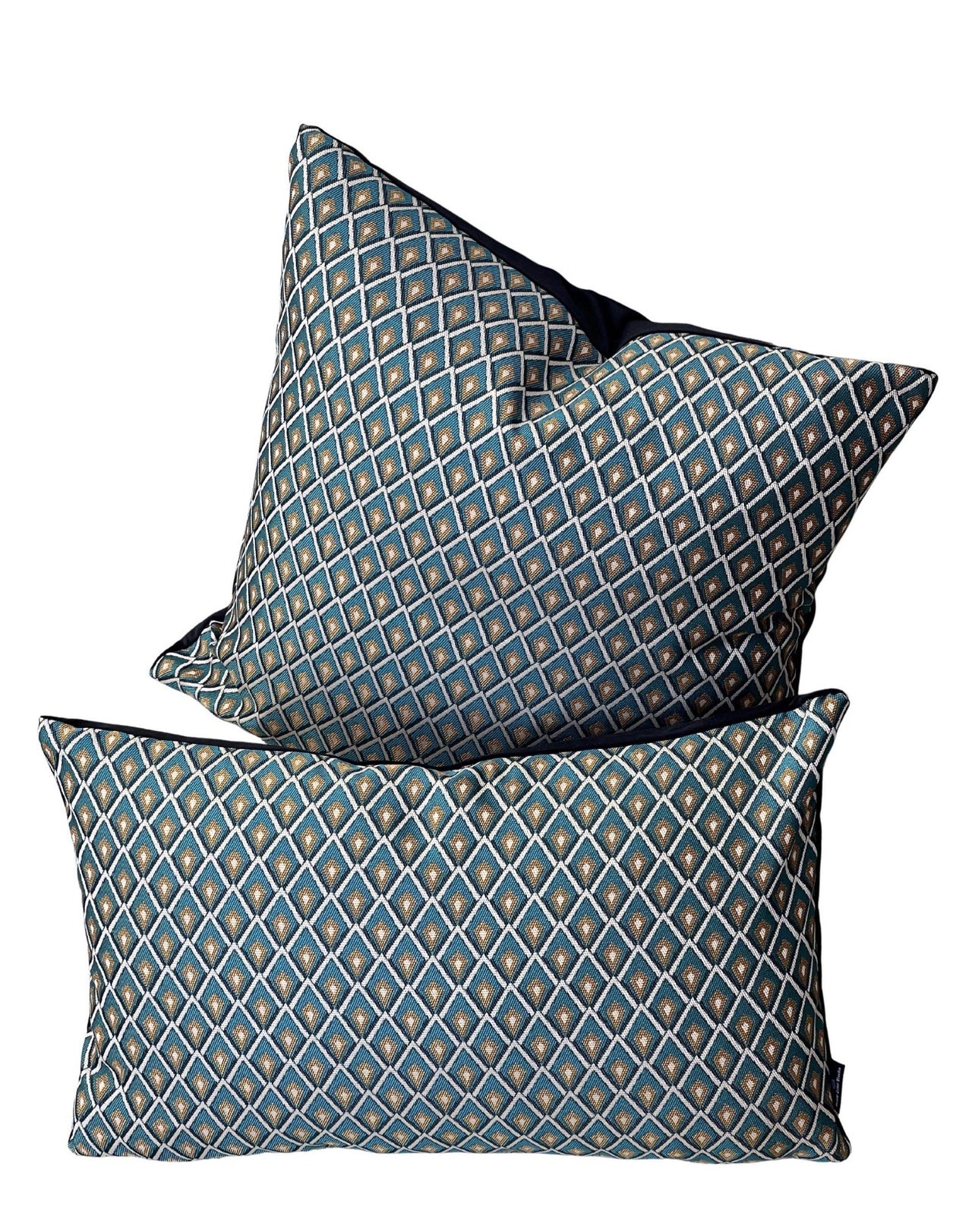 Teal blue and gold geometric cushion covers in square and lumbar sizes