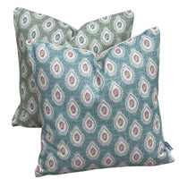 Thumbnail for Coordinated teal and sage green paisley cushion covers with ivory teardrop patterns displayed together