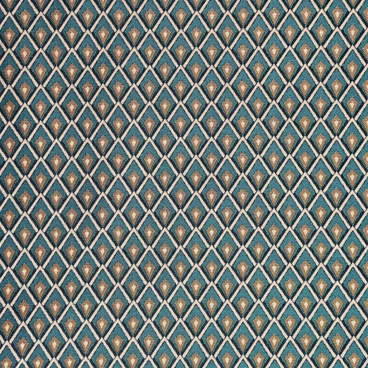 Detailed close-up of teal blue geometric lattice fabric weave
