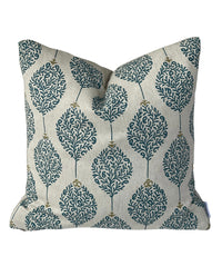 Thumbnail for Linen-look cushion cover with teal leaf pattern on a warm natural neutral background.