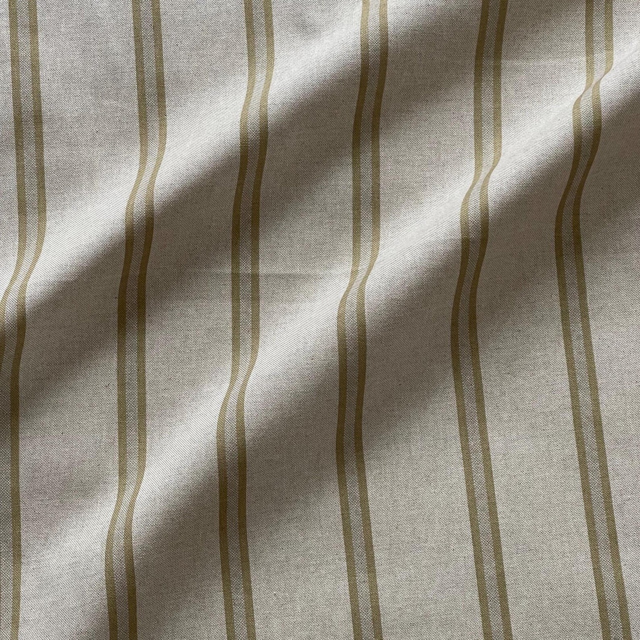 Natural farmhouse stripe curtain fabric with mustard gold ticking stripe pattern