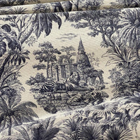Thumbnail for Toile cotton linen fabric with elephants and palm trees close-up