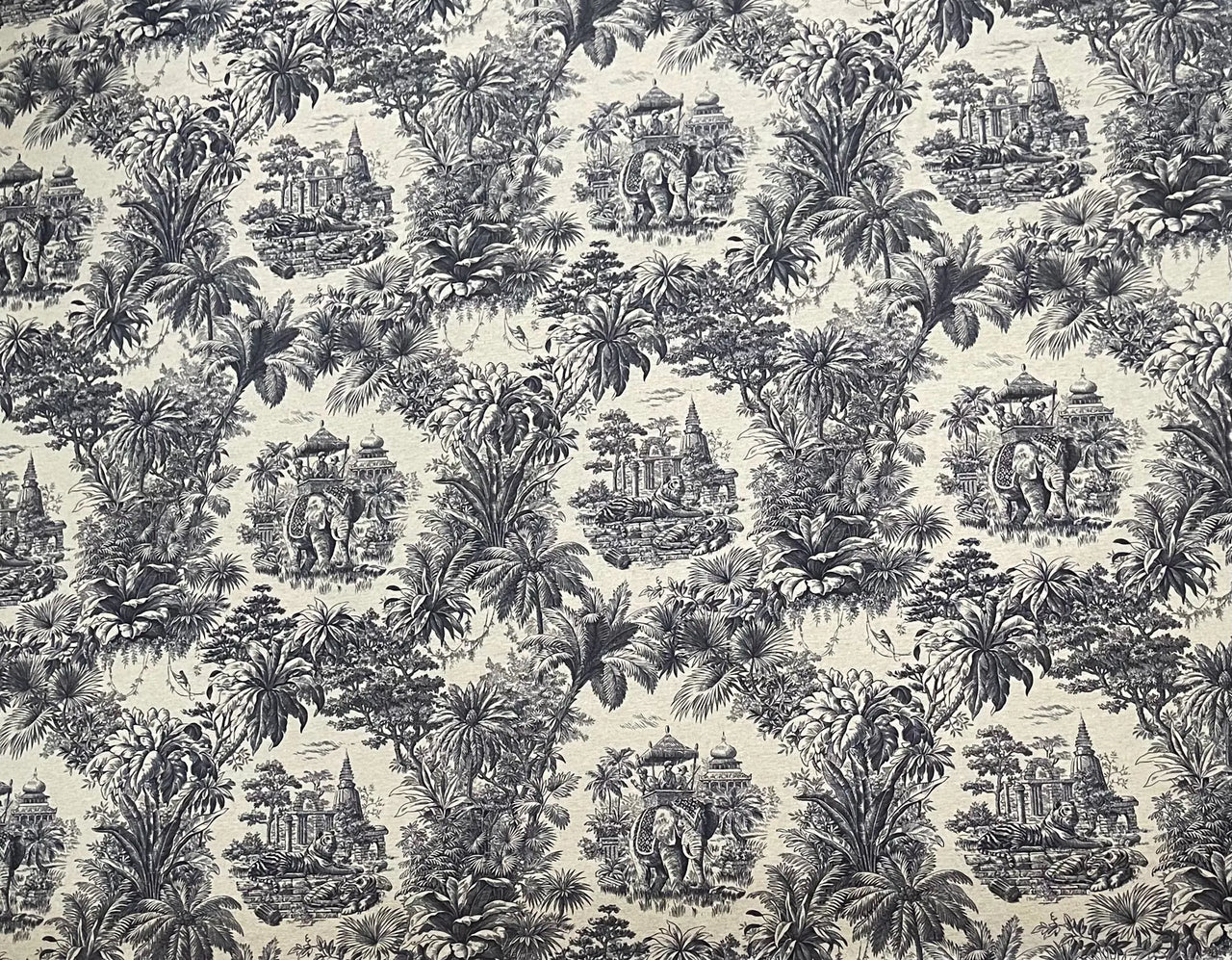 Exotic toile fabric with tigers and temples in dark blue and beige