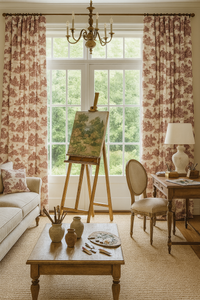 Thumbnail for Living room with floral curtains, a painting on an easel, and a lamp.