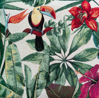 Thumbnail for Tropical toucan woven fabric with jungle leaves and red flowers