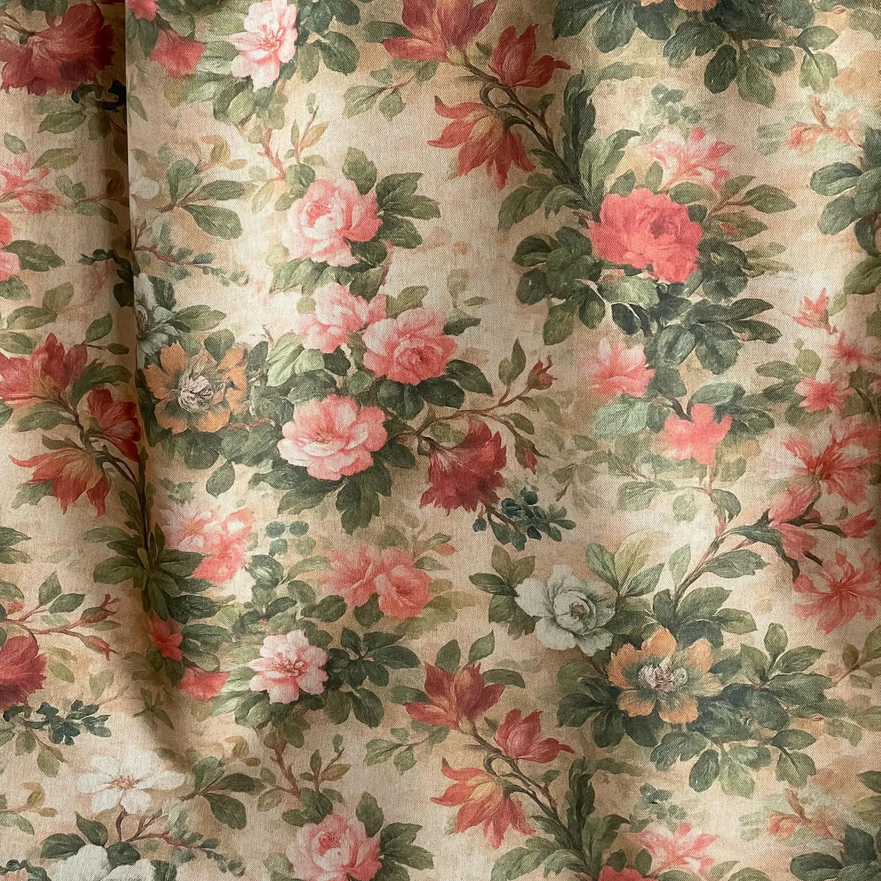 Neutral floral curtain fabric with blush and coral roses