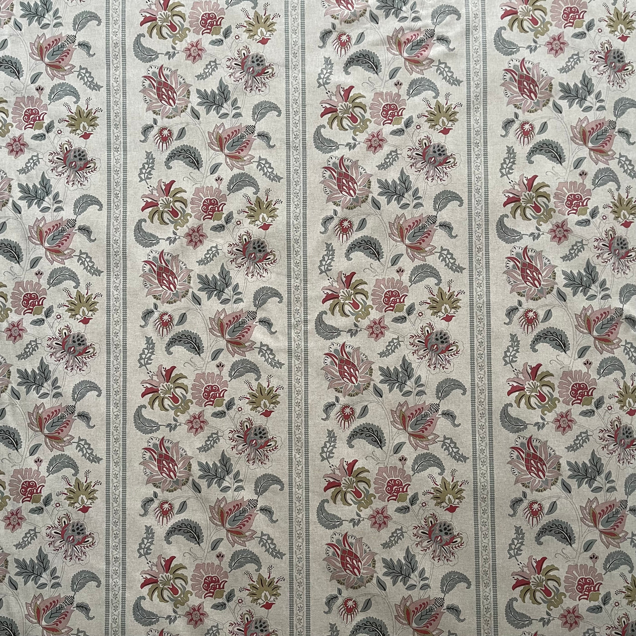 Traditional Jacobean floral stripe cotton blend fabric with botanical motifs