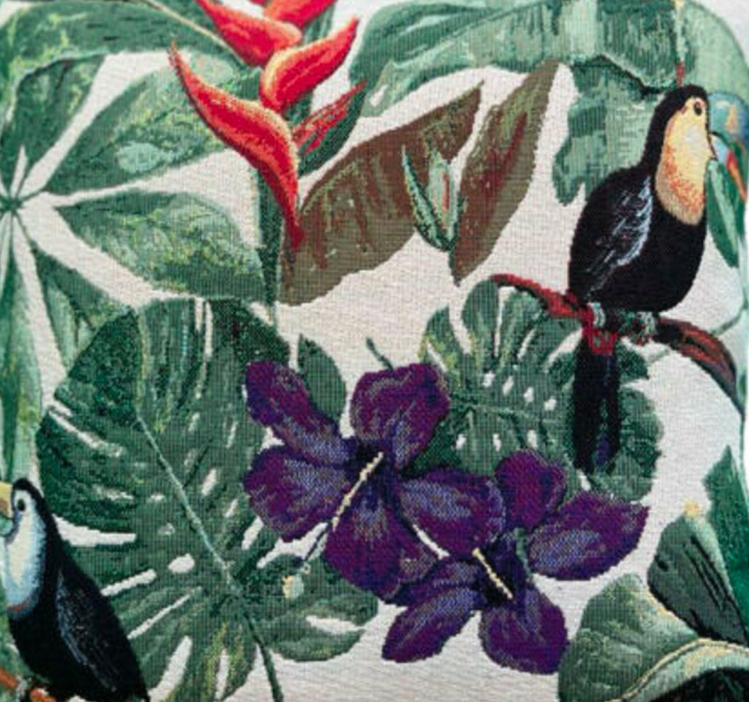 Heavyweight upholstery fabric with toucans and botanical design