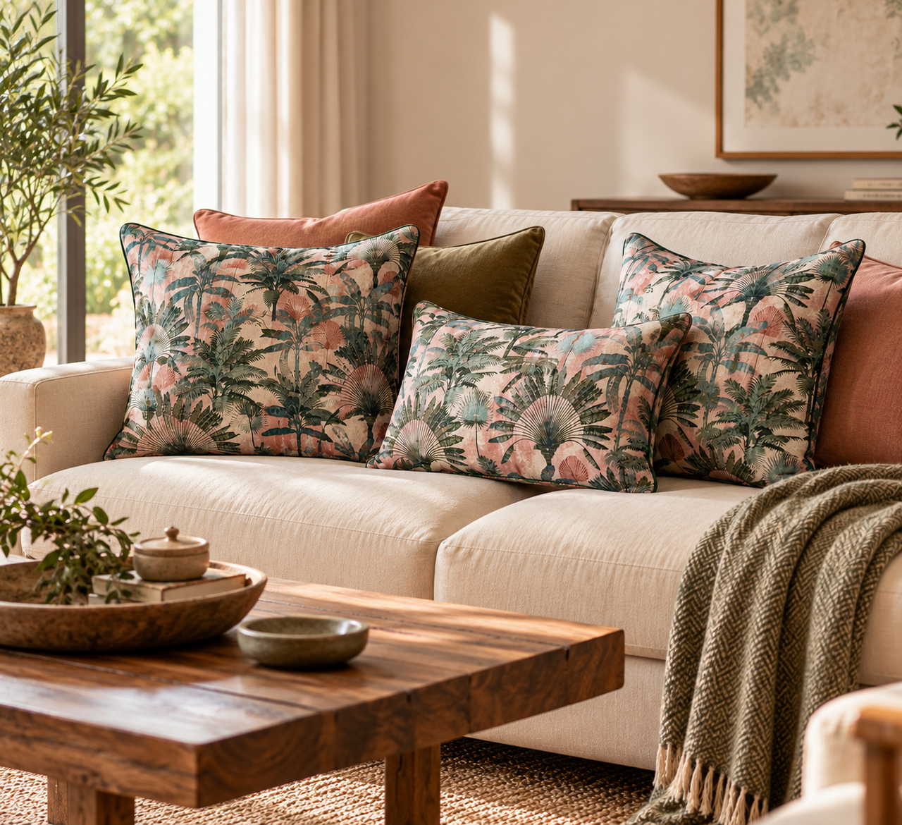 Three blush pink and green tropical palm cushions arranged on a cream sofa with terracotta and olive green pillows in a stylish botanical living room.