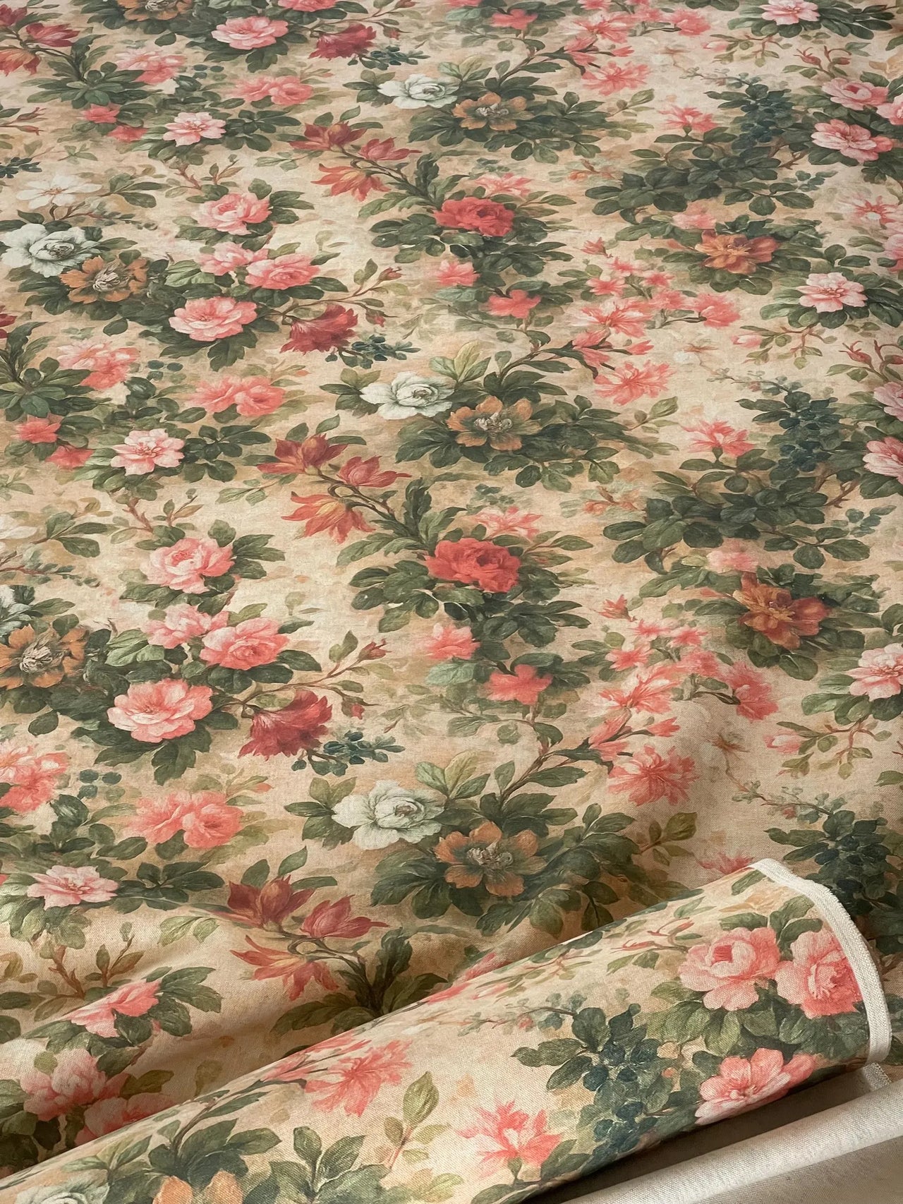 Romantic floral cotton fabric with blush pink roses