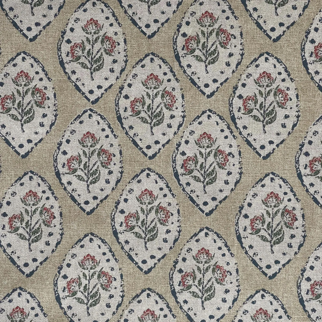 Botanical medallion fabric in sage green, red and navy on natural linen base