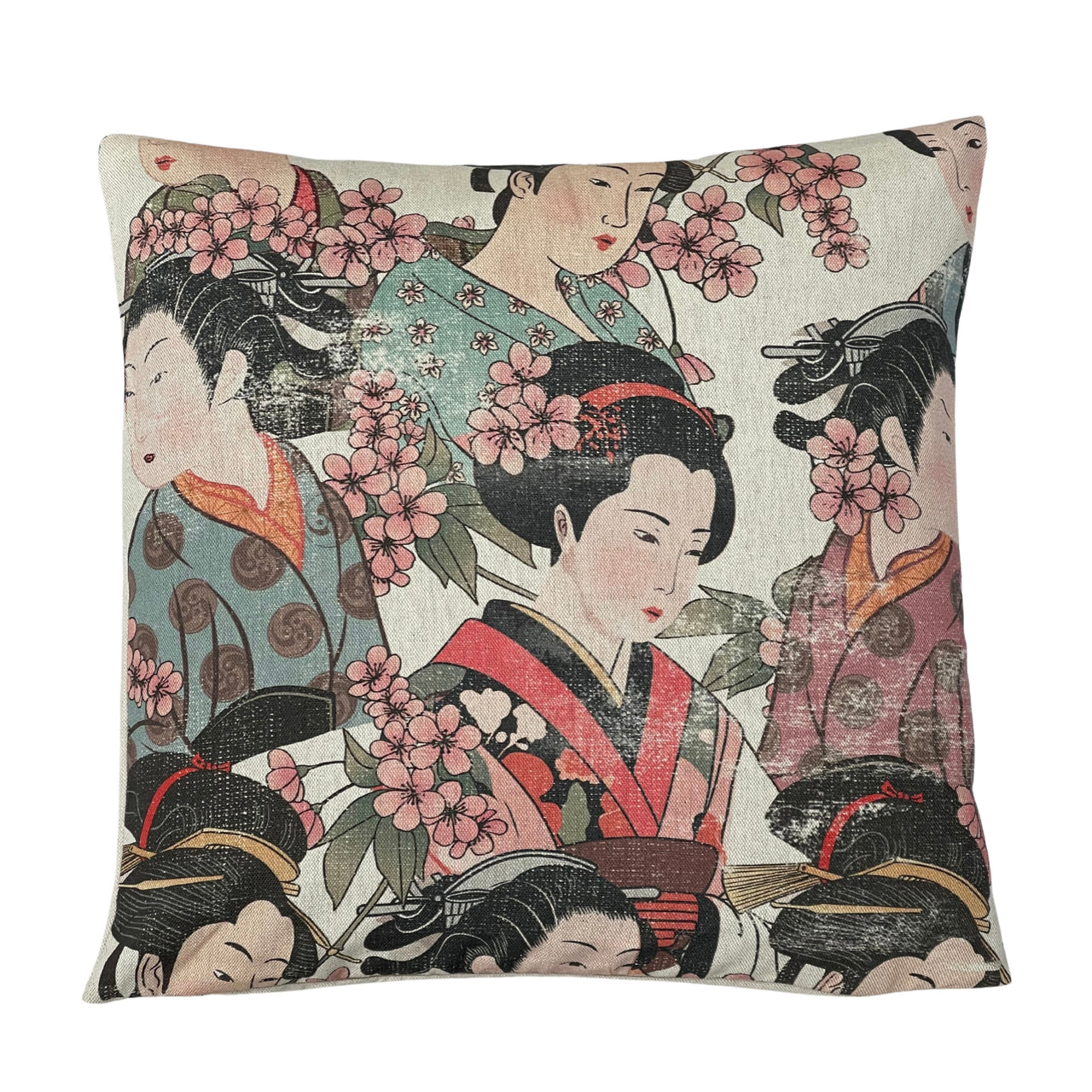 Decorative Japanese geisha cushion cover showing colourful traditional kimonos, delicate cherry blossoms and vintage-inspired Japanese artwork.