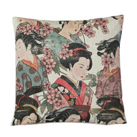 Thumbnail for Decorative Japanese geisha cushion cover showing colourful traditional kimonos, delicate cherry blossoms and vintage-inspired Japanese artwork.