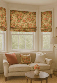 Thumbnail for Vintage rose floral cushions on a beige sofa with a matching Roman blind in a country living room