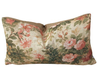 Thumbnail for Rectangular vintage rose lumbar cushion cover with pink flowers and muted green leaves