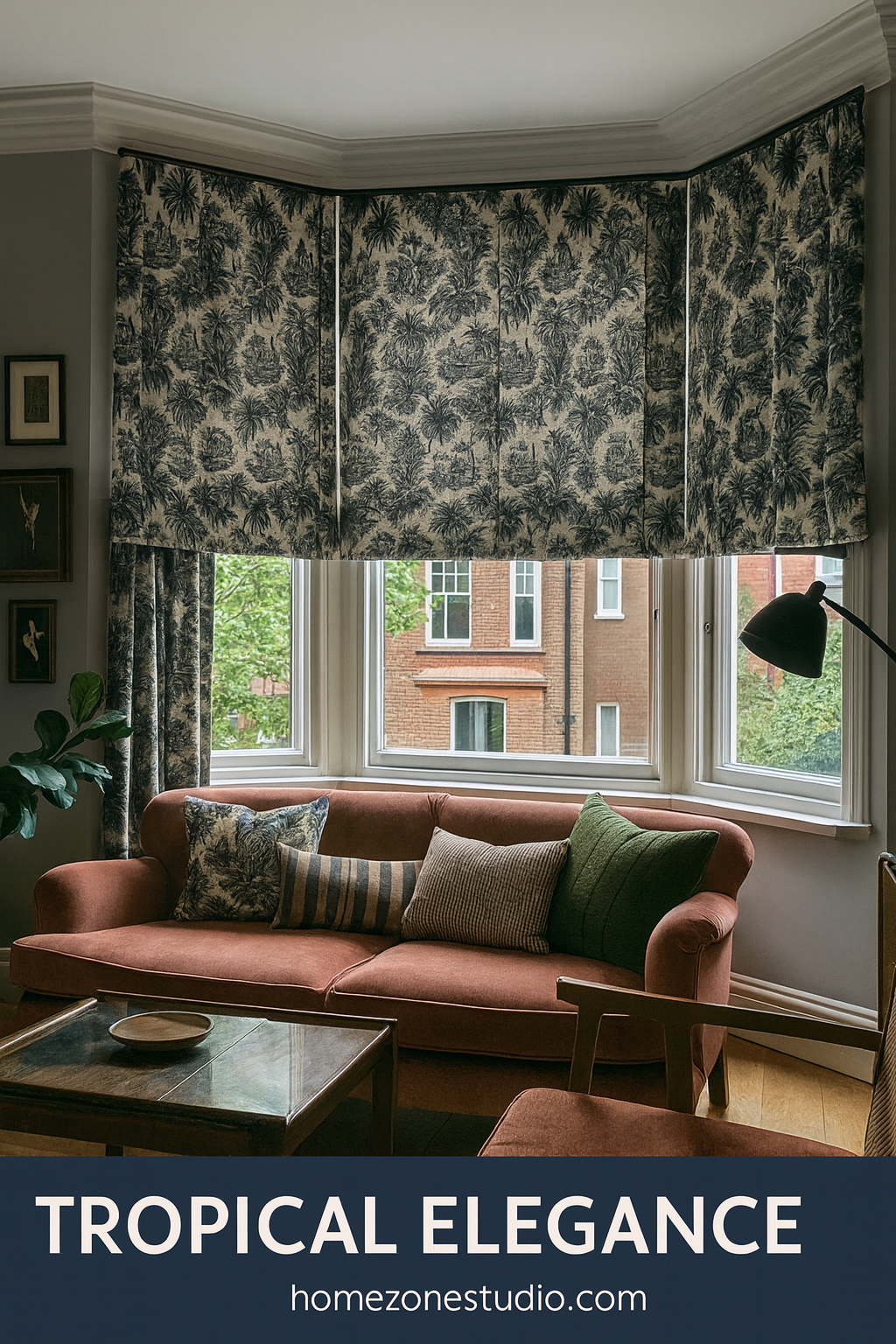 Colonial-style fabric with elephants and tropical landscapes