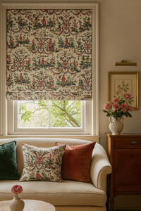 Thumbnail for Elegant living room with vintage French toile Roman blind and matching cushion, featuring colorful floral garlands and pastoral scenes, styled with classic furniture and fresh flowers