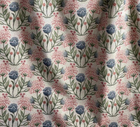 Thumbnail for Blue, blush pink and damson meadow flowers with green leaves on natural fabric