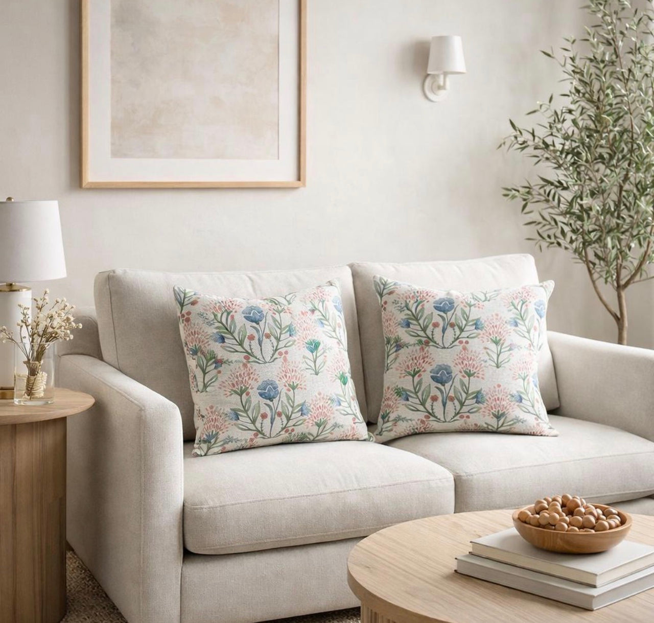Two Willow Bloom floral cushion covers styled on a neutral country cottage sofa