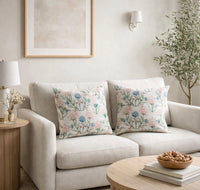 Thumbnail for Two Willow Bloom floral cushion covers styled on a neutral country cottage sofa