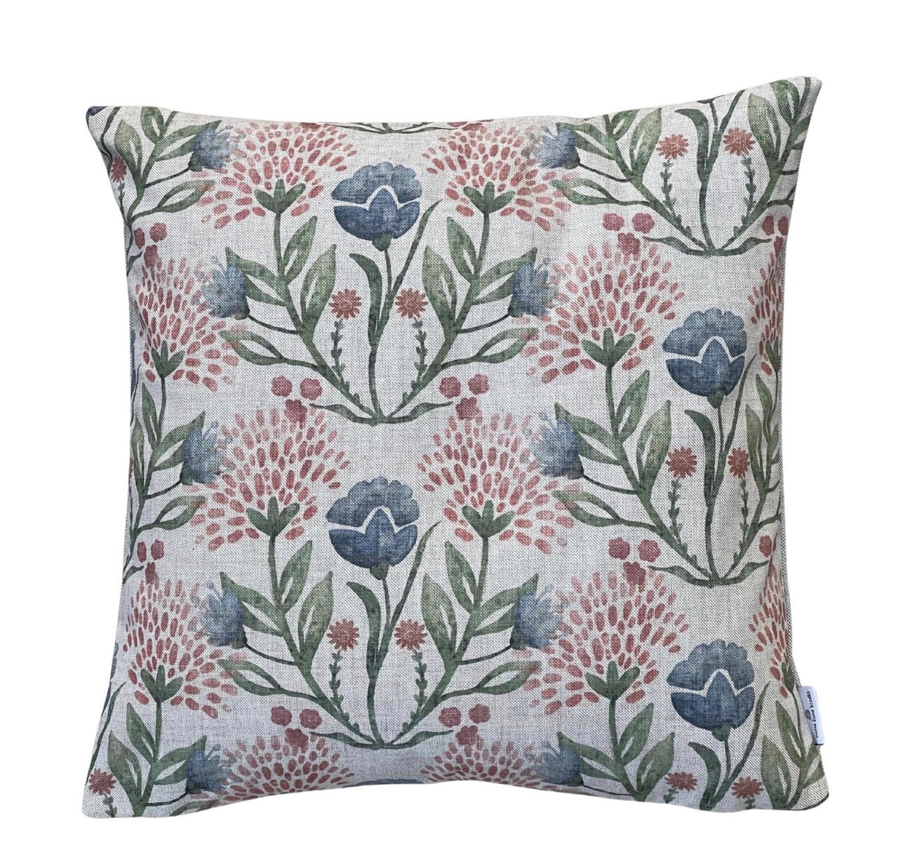 Willow Bloom floral cushion cover with blue and pink meadow flowers on natural fabric