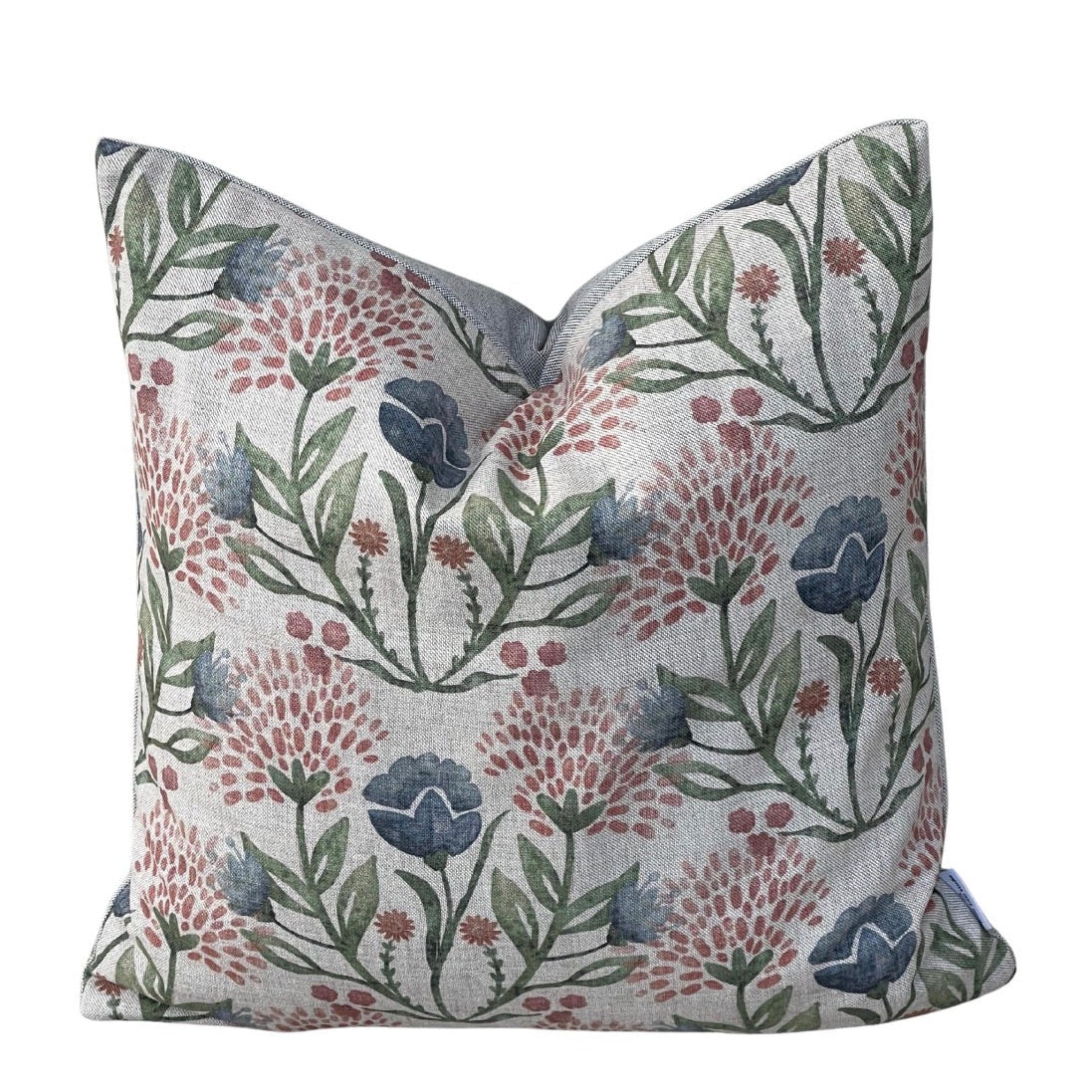 Willow Bloom floral cushion cover with blue and pink meadow flowers on natural fabric