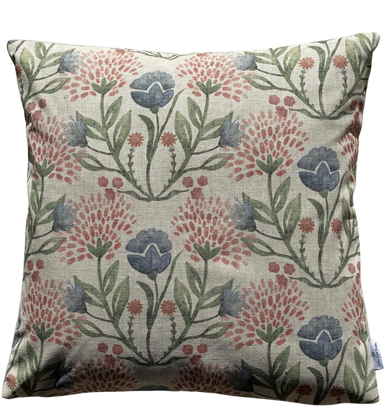 Willow Bloom floral cushion cover with blue and pink meadow flowers on natural fabric